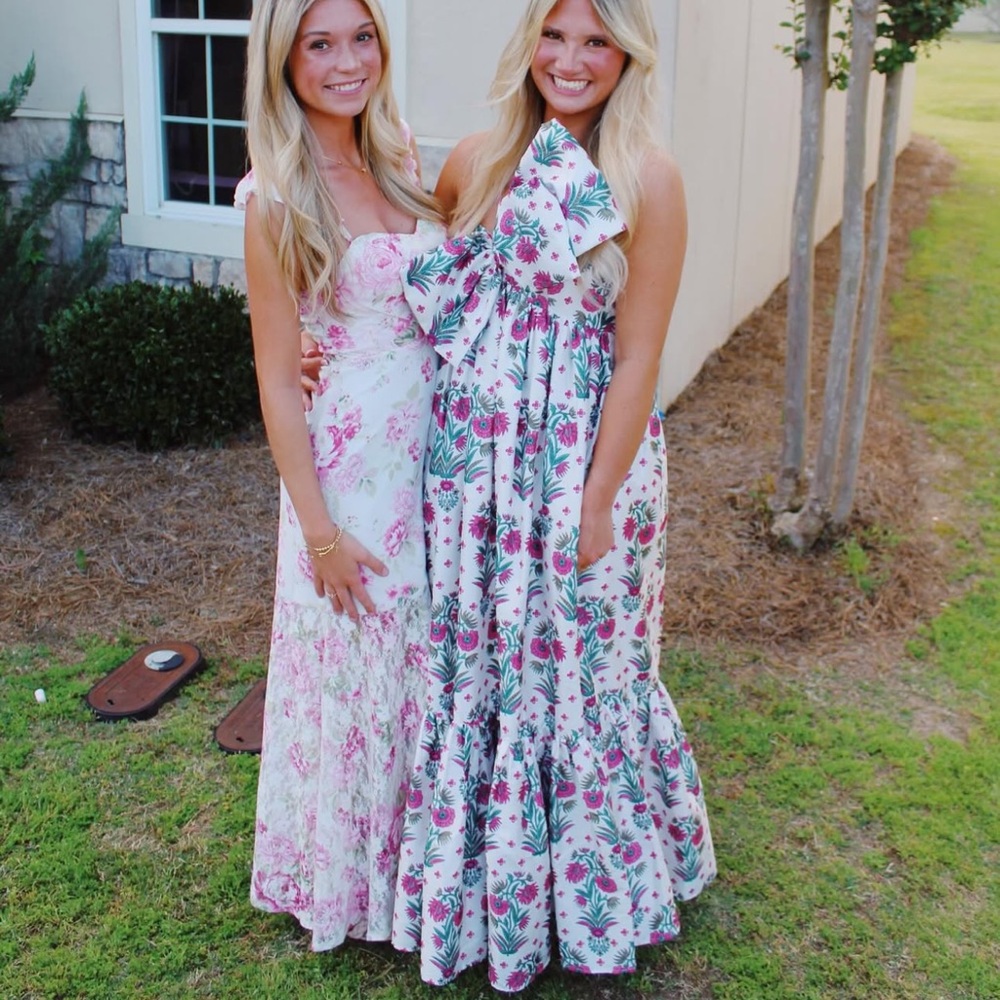 Floral Maxi Dress with Pink and Green Pattern - Picture 2 of 2